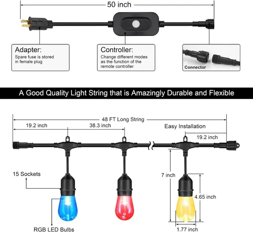 Vista 6 de Mlambert Luces de patio al aire libre de 48 pies, impermeables, regulables con control remoto, cadena de luces LED RGB Cafe con 15 bombillas Negro