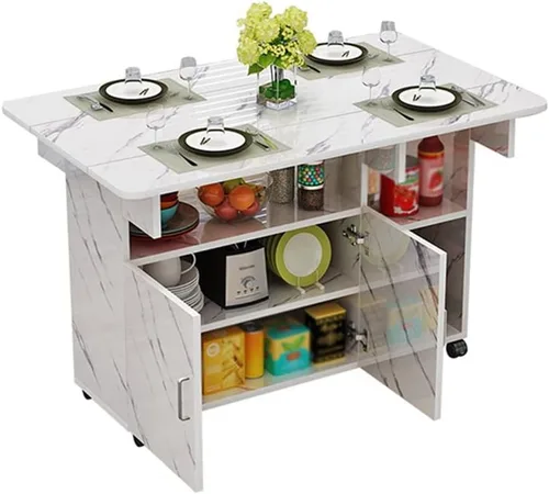 Vista 9 de Mesa de comedor plegable, mesa rectangular versátil con 4 ruedas, 5 estantes de almacenamiento, ahorro de espacio para comedor, cocina, ocio, mesa