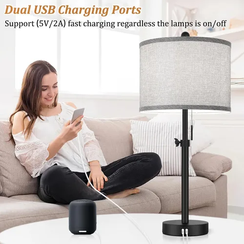 Vista 3 de Kondras Table Lamps for Bedroom Set of 2, 23''-30'' Adjustable Height Bedside Lamps with 2 USB Ports, Black Nightstand Lamps with Grey Linen Shade