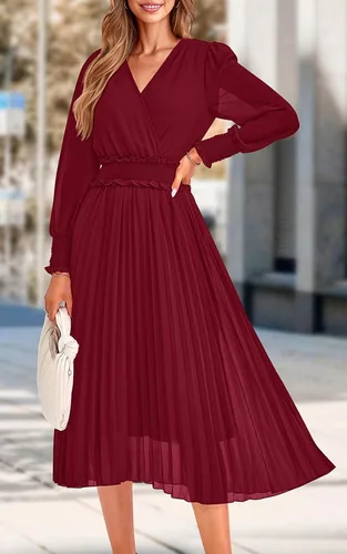 Vista 7 de PRETTYGARDEN Vestidos cruzados con cuello en V para mujer, para invitados de boda, casual, plisado, manga larga, vestido largo fruncido con volantes