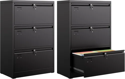 Vista 10 de Archivador de metal de 3 cajones con ruedas, archivador rodante debajo del escritorio para tamaño A4/carta/legal, archivador móvil con cerradura