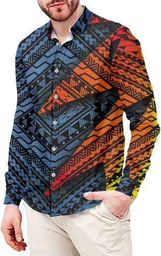 Vista 14 de Camisa polinesia con botones para hombre, Aloha Samoan, patrón tradicional, manga larga, camisa hawaiana para hombre, talla grande, casual