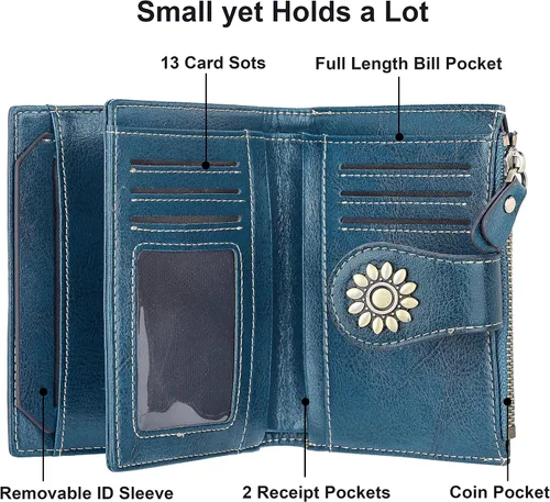 Vista 4 de Lavemi Cartera de cuero para mujer pequeña compacta con bloqueo RFID con bolsillo con cremallera