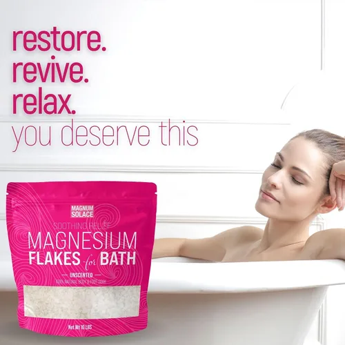 Vista 2 de Copos de magnesio para baño, escamas de cloruro de magnesio orgánico puro, sin perfume, 10 libras