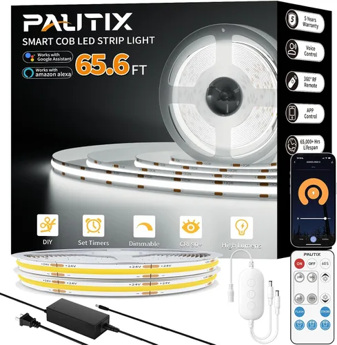 Vista 11 de PAUTIX Tiras de luces LED COB 65.6 pies/20m blanco cálido 2700K, compatible con Alexa/Google Assistant, tiras LED regulables para dormitorio