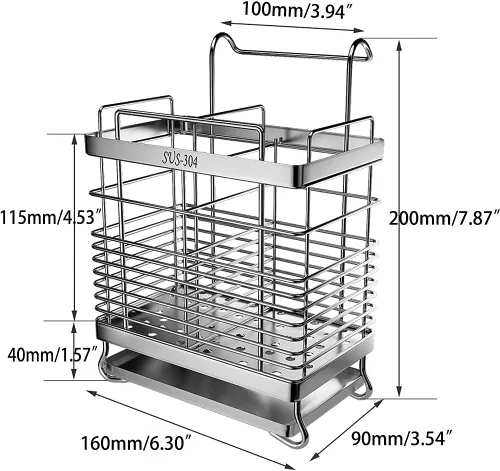 Vista 3 de Estante de secado de utensilios de malla para colgar de acero inoxidable 304, 2 compartimentos, palillos, cuchara, tenedor, cuchillo, escurridor