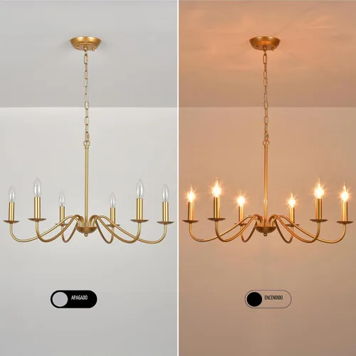 Vista 4 de Candelabro dorado de 6 luces, modernos candelabros de granja para comedor, iluminación colgante de vela rústica para dormitorio, vestíbulo, sala