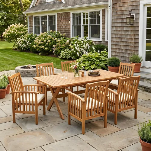 Vista 11 de Juego de comedor de patio al aire libre de 7 piezas, madera de acacia con marco de hierro, mesa rectangular para todo tipo de clima y 6 sillas