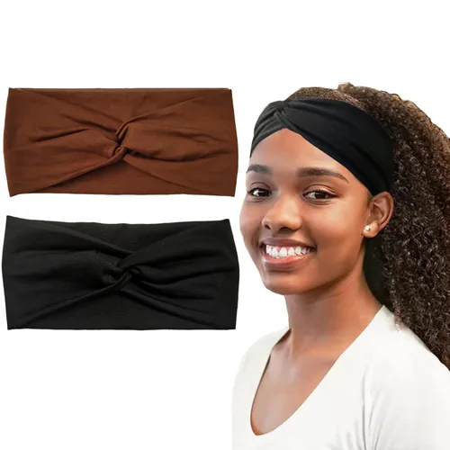 Vista 8 de Hjiaruiky 2 diademas de turbante para mujer, bohemias, elásticas, a la moda, de tela anudada, bonita, gruesa, para mujeres y niñas, color negro