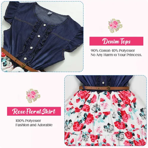 Vista 4 de YJ.GWL Vestido de niña de flores, vestido floral de mezclilla, vestidos de princesa para niñas, vestido blanco de primavera y verano, trajes
