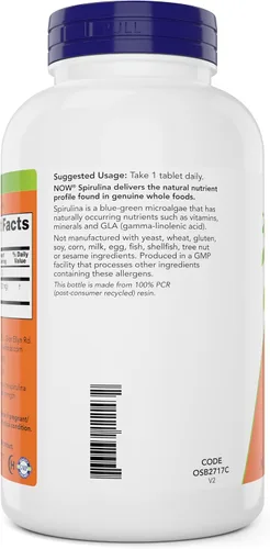 Vista 3 de NOW Foods Tabletas de Espirulina Orgánica 1000mg - 300 unidades - Suplemento de Superalimento Verde Integral, Doble Fuerza - Sin OMG