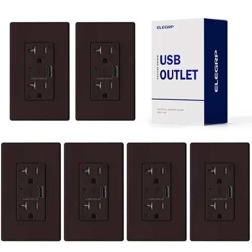 Vista 26 de ELEGRP Cargador USB de pared, receptáculo USB con puertos USB tipo A y tipo C, enchufe dúplex de 15 amperios resistente a manipulaciones NEMA 5-15R