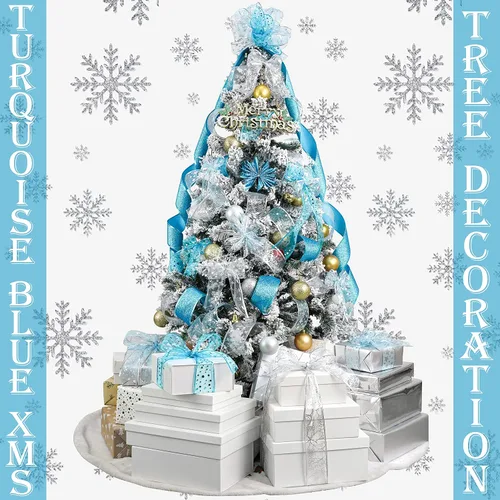 Vista 4 de MEEDEE Cinta de Navidad turquesa de 2.5 pulgadas, 6 rollos, 36 yardas, azul y plateado para árbol de Navidad