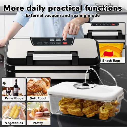 Vista 8 de Máquina selladora al vacío, potente sellador automático de alimentos de 95 Kpa, cortador integrado y almacenamiento de bolsas, pantalla de progreso