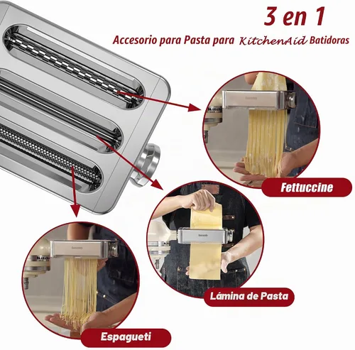 Vista 6 de Accesorio de metal para hacer pasta KitchenAid, accesorio de pasta 3 en 1 para batidora de pie, accesorio de rodillo de pasta ajustable de 8