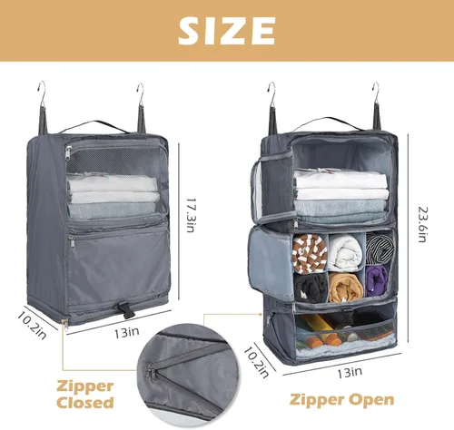 Vista 5 de Surblue Estantes colgantes, bolsa de almacenamiento de viaje, cubo de embalaje de compresión para maleta plegable con capa de extensión de gran