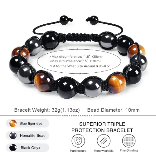Vista 7 de DHQH Triple Protection Bracelet 8/10MM Hematite Black Agate Tigers Eye Stone Bracelet Crystal Jewelry Healing Bead Bracelets for Men Bring Luck