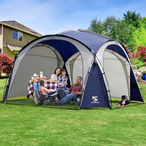 Vista 8 de UNICAMPER Tienda de playa de 12 x 12 pies, toldo desplegable grande UPF50+ con pared lateral de 2 piezas, refugio solar resistente a la lluvia