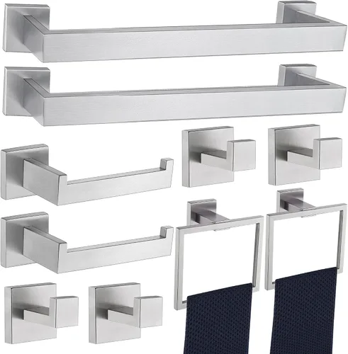 Vista 21 de Juego de 5 piezas de accesorios de ferretería para baño en negro mate, juego de toalleros cuadrados de 16 pulgadas para baño, juego de barras