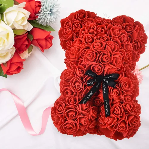 Vista 3 de oso de peluche hecho de rosas, diseño de rosas en cada oso, perfecto para aniversario, incluye caja de regalo transparente 10 pulgadas.