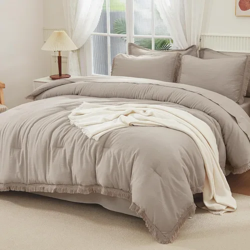 Vista 36 de Andency Juego de ropa de cama con edredón tamaño matrimonial beige con sábanas - 7 piezas, estilo bohemio con borlas, ropa de cama ligera en una 01