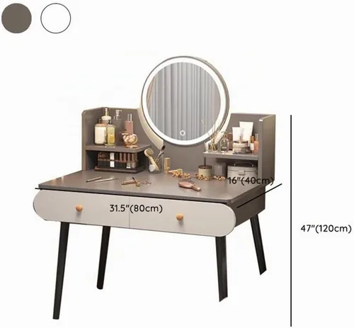 Vista 2 de Tocador con espejo iluminado, estilo simple, moderno, estándar, escritorio de madera, 2 cajones, tocador de maquillaje para dormitorio, vestidor