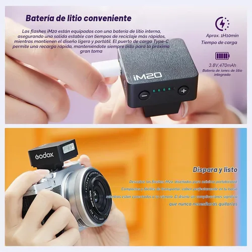 Vista 4 de Godox iM20 Mini Flash para cámara con batería 470mAh 440 Full Power Flash 5 niveles mini flash Speedlite para Sony zve10 Sony zv1 Ricoh gr3 Canon