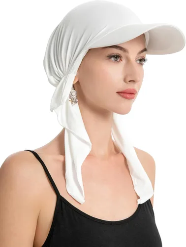 Vista 4 de ZLYC Gorro de quimioterapia para mujer, visera para la cabeza, bufanda preatada, gorra ligera de calavera Blanco sólido