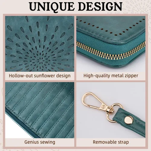 Vista 4 de APHISON Billetera para mujer, gran capacidad, monedero, tarjetero, RFID, pulsera, teléfono, cremallera, moneda, bolsillo de viaje azul