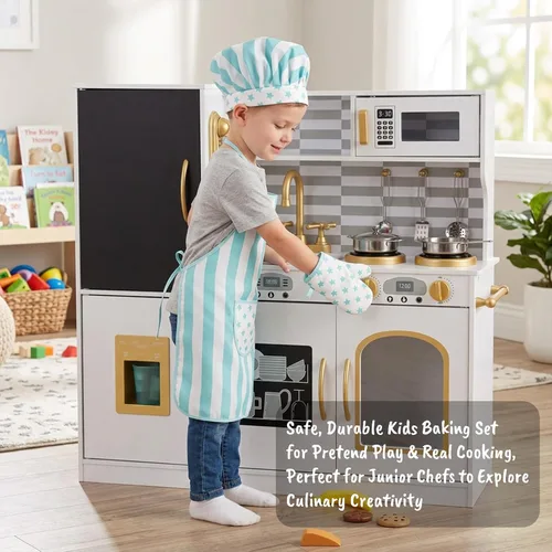 Vista 6 de Juego de delantal y gorro de chef para niños, 3 piezas, kits de cocina y horneado para niños, juguete de juego de roles para niños, regalo de cocina