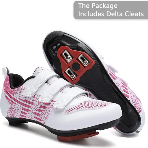 Vista 2 de Zapatos unisex de ciclismo de carretera compatibles con Peloton Shimano SPD zapatos de equitación para hombres y mujeres 3 correas tacos Delta