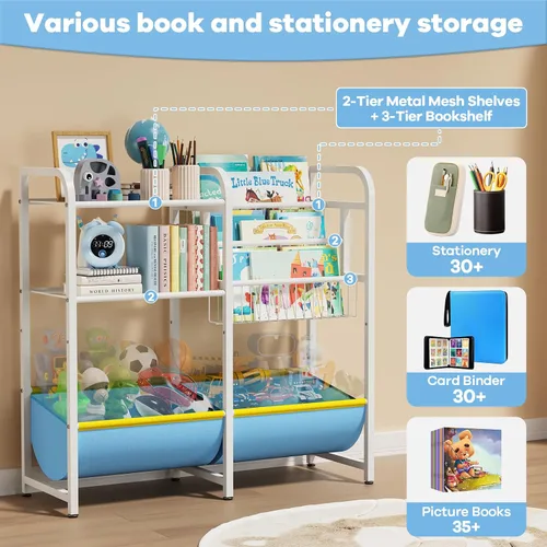 Vista 3 de Estantería 3 en 1 para niños y organizador de almacenamiento de juguetes, organizador de libros Montessori para bebés, estante de exhibición de Azul