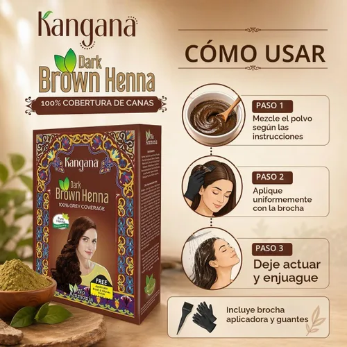 Vista 6 de Tinte de cabello de henna marrón oscuro, tinte natural sin amoníaco para cabello gris, 6 bolsas x 2.16 onzas Kangana Warm Dark Brown Henna