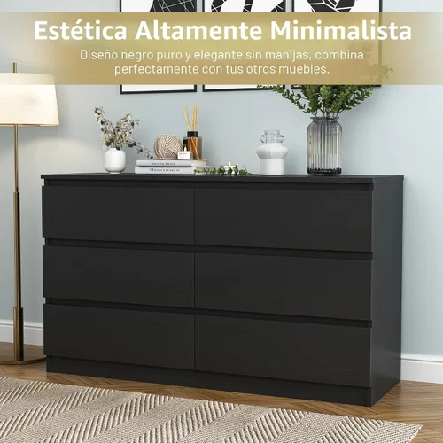 Vista 4 de Cómoda negra para dormitorio, cómoda moderna de 6 cajones con cajón profundo, amplia cómoda de almacenamiento, organizador de muebles