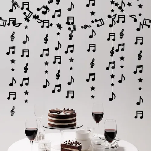 Vista 3 de Guirnalda colgante de estrella negra con notas musicales brillantes, decoración de techo para cumpleaños, baby shower, fiesta, concierto, boda