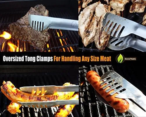 Vista 2 de Cave Tools Pinzas para parrilla de acero inoxidable de mango largo de 17 pulgadas con soporte de bloqueo - Accesorios para parrilla de barbacoa