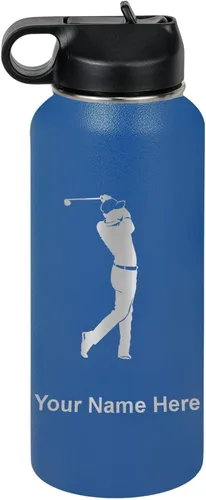 Vista 52 de LaserGram Botella de agua personalizada, golfista de golf, acero inoxidable de doble pared aislada al vacío con popote superior, regalo grabado Negro