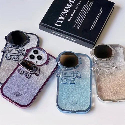 Vista 7 de Funda de teléfono con soporte oculto de astronauta para iPhone 11, bonito protector de cámara de lente de astronauta, soporte con purpurina