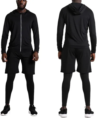 Vista 2 de BUYJYA 5 piezas de pantalones de compresión para hombre, camisa de manga larga, conjunto atlético, ropa de gimnasio, entrenamiento, regalo del día