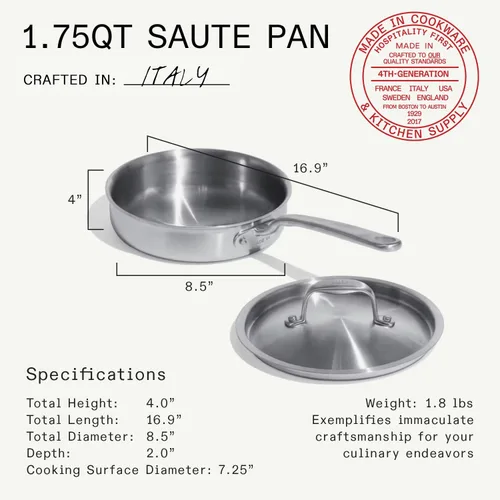 Vista 3 de Made In Utensilios de cocina - Sartén de acero inoxidable de 1.75 cuartos de galón - Revestimiento de acero inoxidable de 5 capas - Utensilios