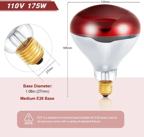 Vista 2 de Treela 6 bombillas infrarrojas rojas de 110 V 175 W, base media E26, lámpara de calor rojo, bombillas de inundación, luz de calor para baño, pollos