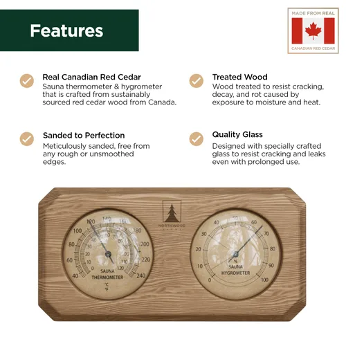 Vista 2 de Northwood Sauna - Termómetro e higrómetro de sauna 2 en 1 - Fahrenheit y Celsius - Hecho a mano con madera de cedro rojo canadiense - Lujosos diales