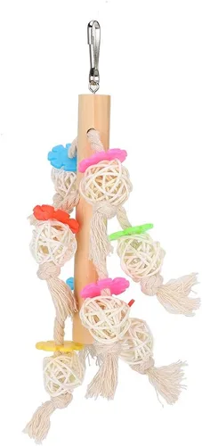 Vista 7 de Juguete colorido para masticar pájaros de 8 piezas, columpio de madera y esponja de lufa para loros/cacatúas, actividad de morder y escalada
