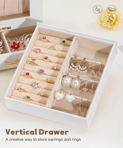 Vista 8 de Homde Organizador de joyas para niñas y mujeres, joyero para collares, anillos, aretes, regalo de Navidad, pulseras (blanco + dorado)