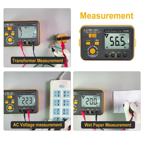 Vista 6 de Probador de resistencia de aislamiento digital VC60B, medidor eléctrico de megaohm con prueba de voltaje de prueba de 250V/500V/1000V Resistencia