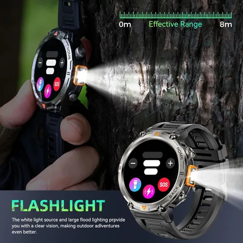 Vista 4 de Relojes inteligentes militares para hombres con GPS incorporado 3ATM impermeable con linterna de llamada/LED, reloj inteligente táctico resistente