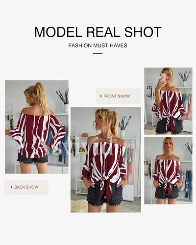 Vista 4 de Asvivid - Blusas veraniegas de hombros descubiertos, con mangas de 34 acampanadas, lazo decorativo y estampado floral, para mujer, camiseta