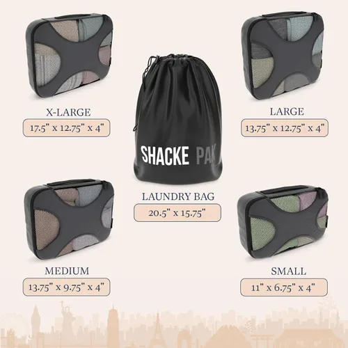 Vista 4 de Shacke Pak - Juego de 5 cubos de embalaje - Organizadores de viaje con bolsa de lavandería, Gris oscuro