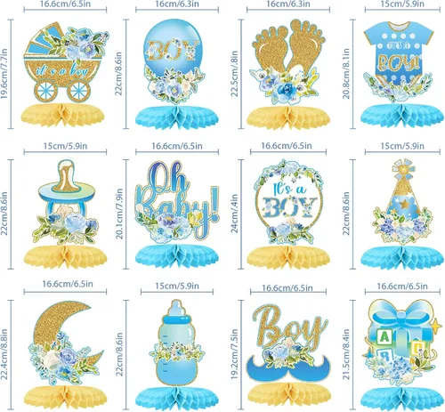 Vista 2 de Tarklanda 12 centros de mesa de nido de abeja para baby shower, decoración de fiesta para niños, diseño floral azul dorado con texto en inglés "It's