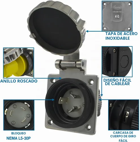 Vista 2 de Conntek Entrada de alimentación marina RV de 30 amperios y 125 voltios, acero inoxidable
